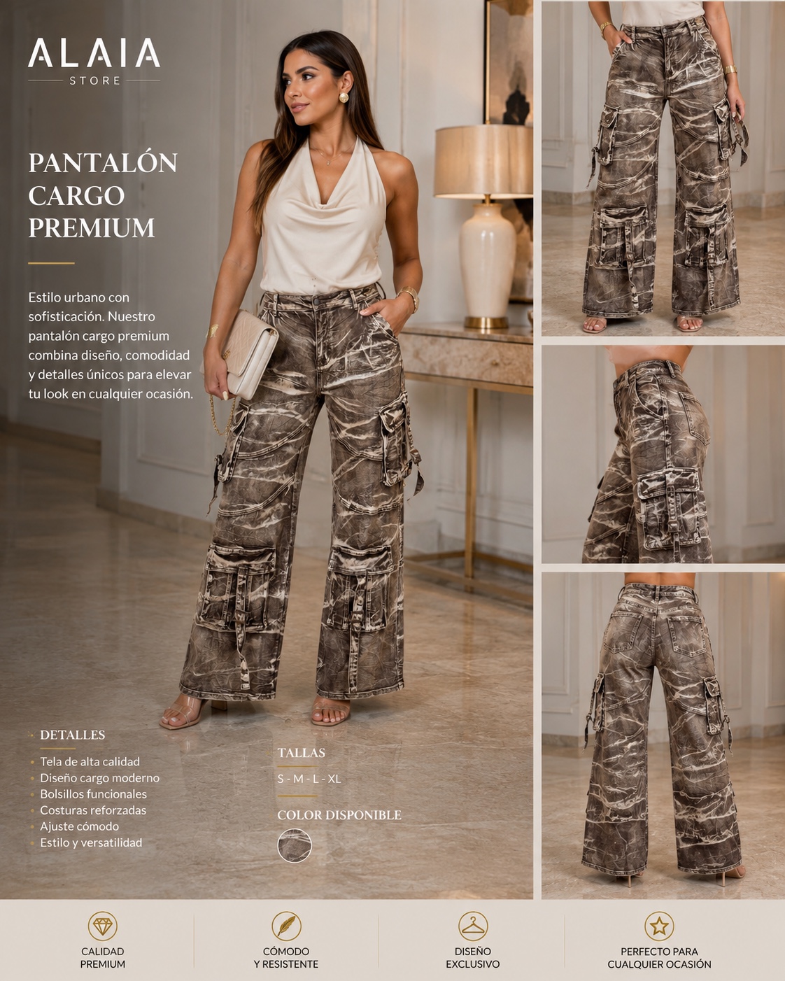 Pantalón Cargo Premium disponible en Alaia Store por $39.99
